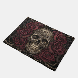 Intricate Skull and Dark Roses Gothic Illustration Doormat