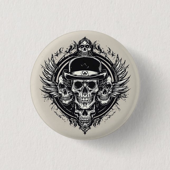 Intricate Skull Design Featuring Wings and Symbols Button (Front)