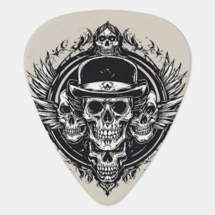 Intricate Skull Design Featuring Wings and Symbols Guitar Pick
