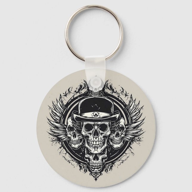Intricate Skull Design Featuring Wings and Symbols Keychain (Front)