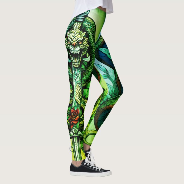  Intricate Snake Coiled Around Dagger Tattoo Desig Leggings (Right)