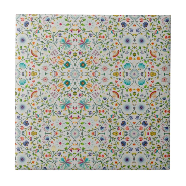 intricate Soft floral Botanical Colorful Ceramic Tile (Front)