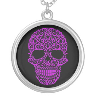 Intricate Sugar Skull – purple & black Silver Plated Necklace