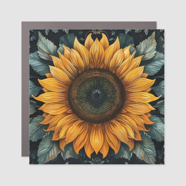 Intricate Sunflower Botanical Art Car Magnet (Front)