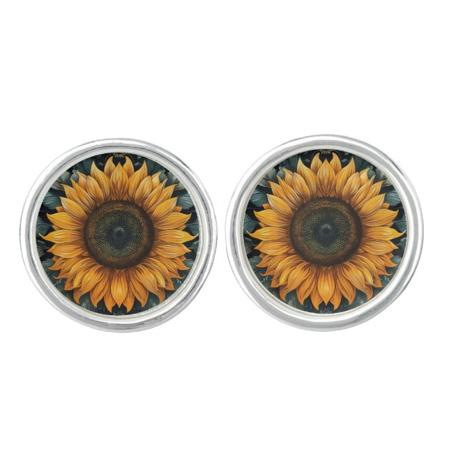 Intricate Sunflower Botanical Art Cufflinks (Front)