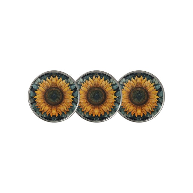 Intricate Sunflower Botanical Art Golf Ball Marker (3 Up)
