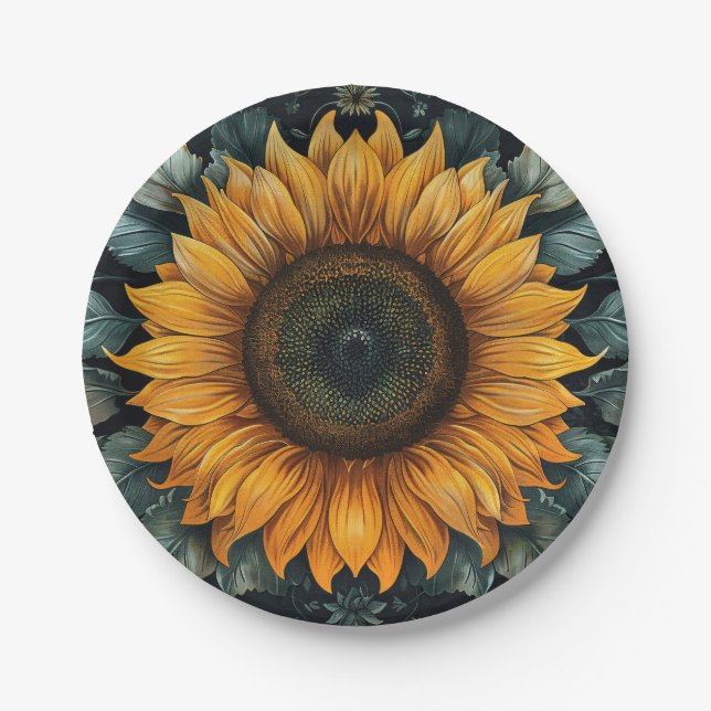 Intricate Sunflower Botanical Art Paper Plates (Front)