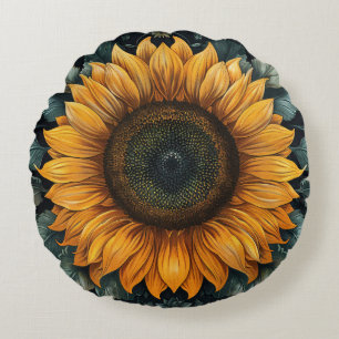 Intricate Sunflower Botanical Art Round Pillow