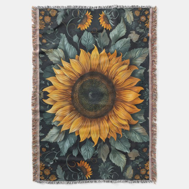 Intricate Sunflower Botanical Art Throw Blanket (Front Vertical)