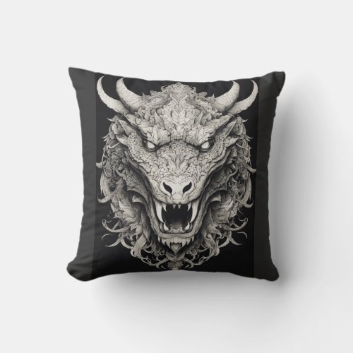 Intricate Symmetrical Dragon Head Stunning Tattoo Throw Pillow