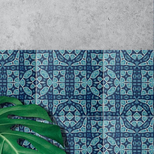 Intricate Symmetrical Soft Blue and Indigo  Ceramic Tile