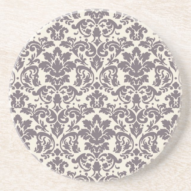 intricate taupe grey cream damask pattern drink coaster (Front)