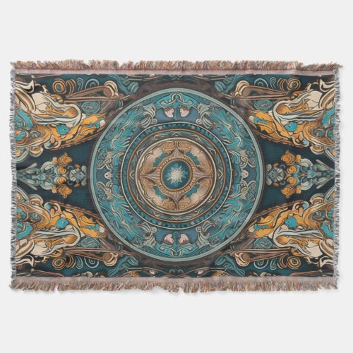 Intricate Teal  Amber Folkloric Throw Blanket