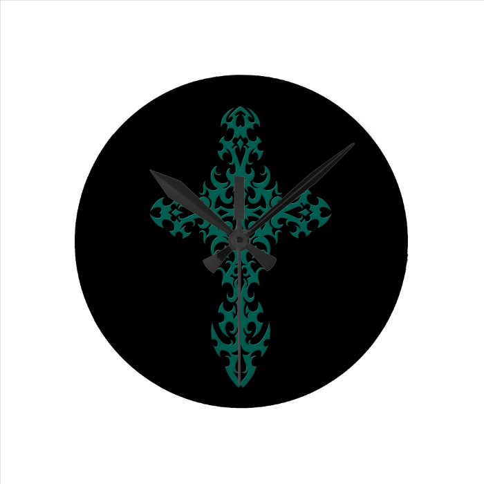 Intricate Teal Blue Cross on Black Wall Clocks