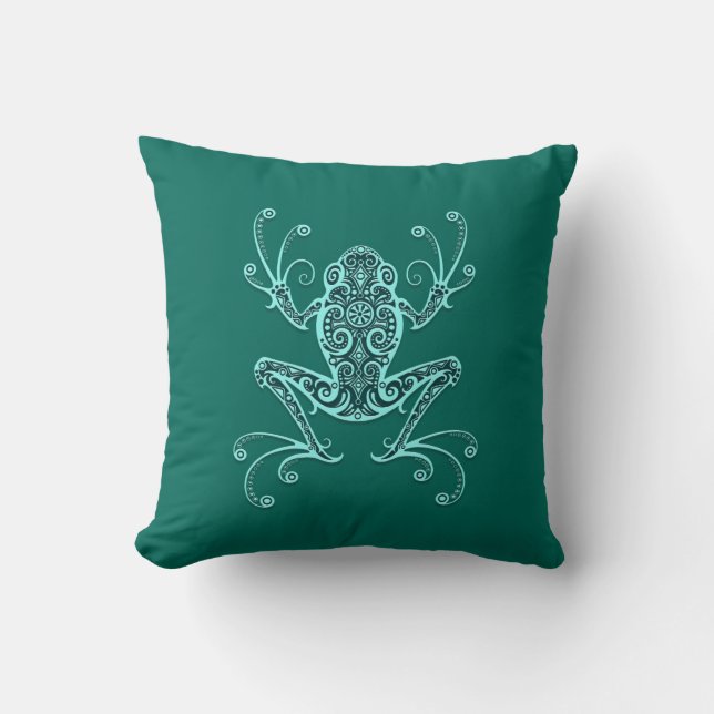 Intricate Teal Blue Tree Frog Throw Pillow (Front)