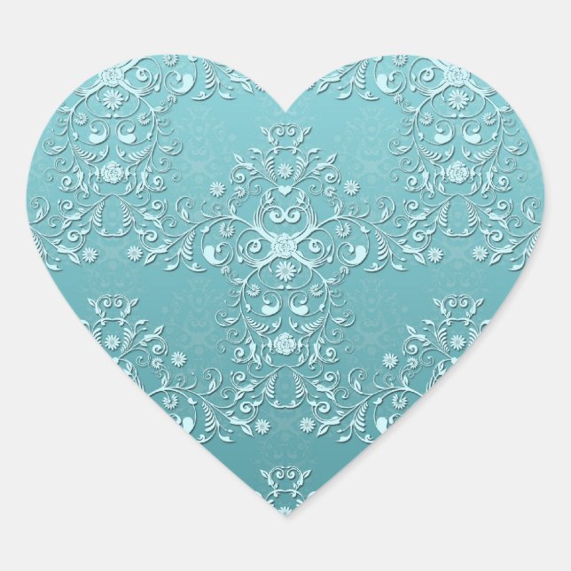 Intricate Teal Floral Damask Heart Sticker (Front)