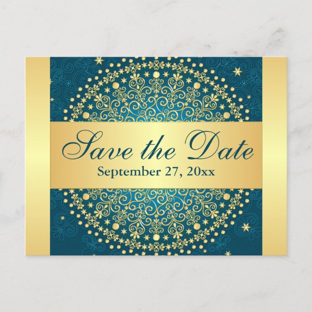Intricate Teal, Gold Scrolls Save the Date Card (Front)