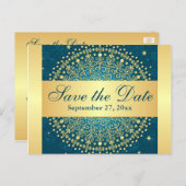 Intricate Teal, Gold Scrolls Save the Date Card (Front/Back)