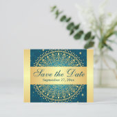 Intricate Teal, Gold Scrolls Save the Date Card (Standing Front)
