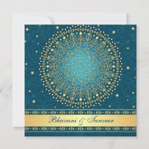 Intricate Teal, Gold Scrolls Stars Wedding Invite
