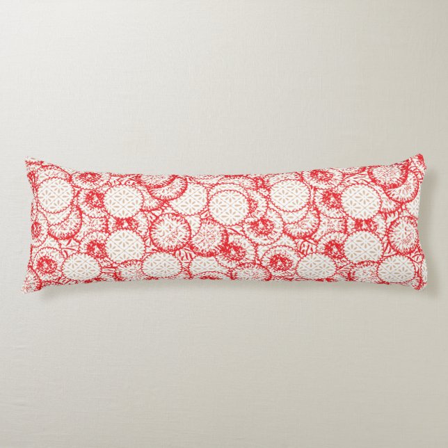 Intricate textile design featuring red, gold, and  body pillow (Front)