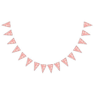 Intricate textile design featuring red, gold, and bunting flags
