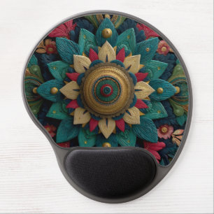 Intricate Textured Floral Mandala in Teal and Gold Gel Mouse Pad