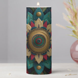 Intricate Textured Floral Mandala in Teal and Gold Pillar Candle