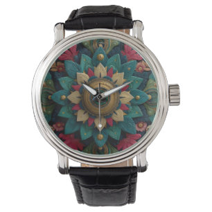 Intricate Textured Floral Mandala in Teal and Gold Watch