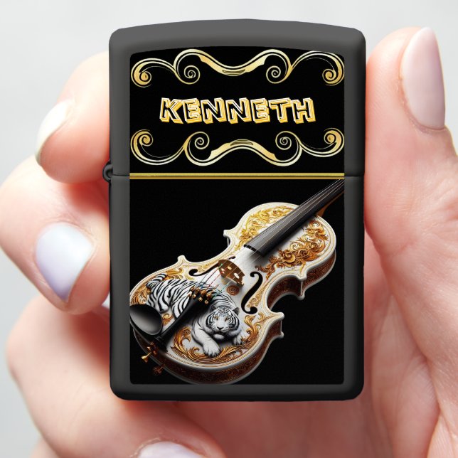 Intricate Tiger Engraving on Acoustic Violin Zippo Lighter (In Hand)