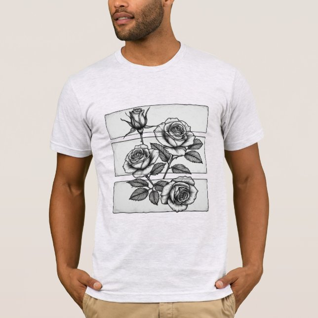 Intricate Triple Rose Botanical Panel Sketch T-Shirt (Front)