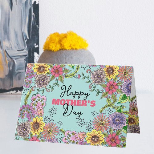 Intricate Vibrant Doodle Flowers Mothers Day Card