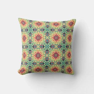 Intricate vintage pattern with red, teal,  beige throw pillow