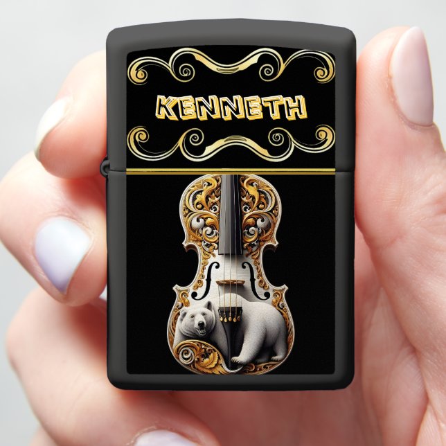 Intricate Violin Design with Grizzly Bear Zippo Lighter (In Hand)