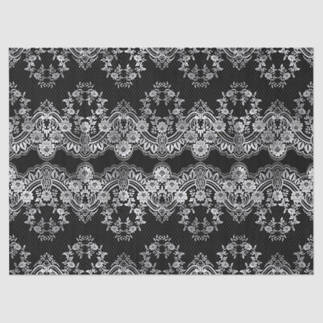 Intricate White Lace on Black Decoupage Tissue Paper (Front)