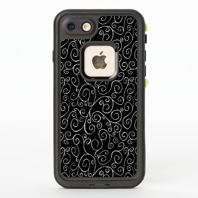 Intricate White Scrolling Curves on Black LifeProof iPhone Case (Back)