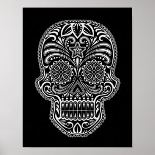 Intricate White Sugar Skull on Black Poster