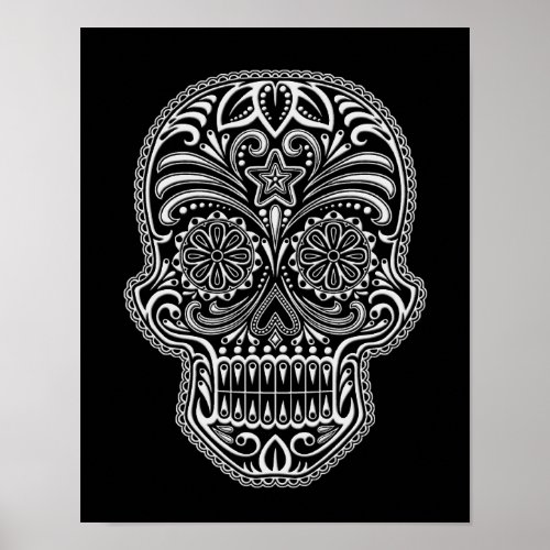 Intricate White Sugar Skull on Black Poster