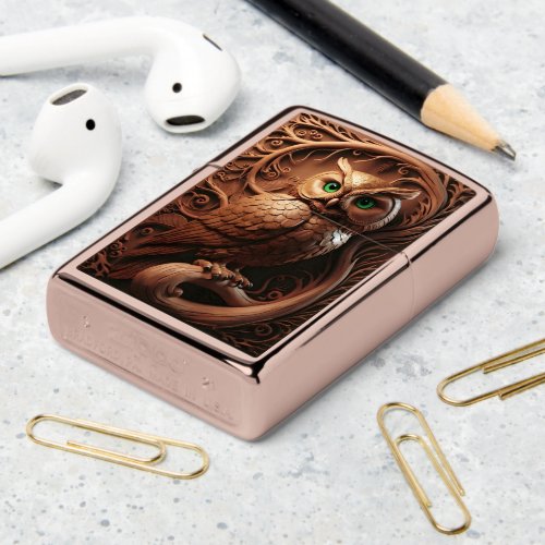 Intricate Wooden Owl Carving Zippo Lighter