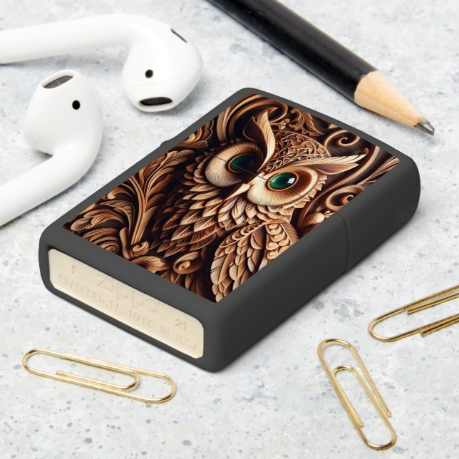 Intricate Wooden Owl Carving Zippo Lighter (On Table 2)