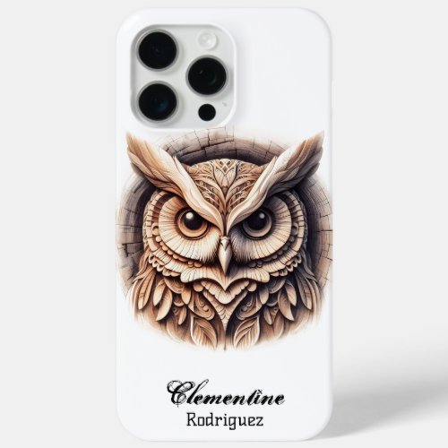 Intricate Wooden Snow Owl Carving iPhone 15 Pro Max Case