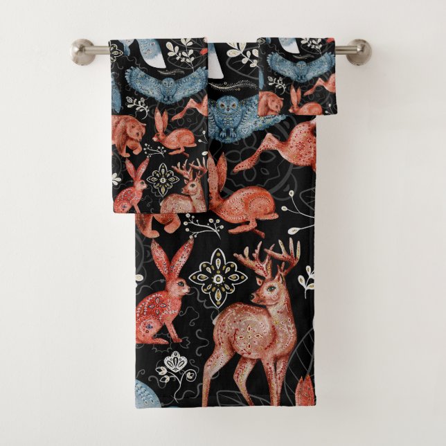  Intricate woodland animals pattern Bath Towel Set (Insitu)
