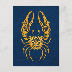 Intricate Yellow Cancer Zodiac on Blue Postcard