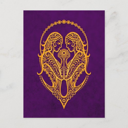 Intricate Yellow Gemini Zodiac on Purple Postcard