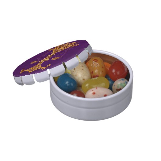Intricate Yellow Libra Zodiac on Purple Jelly Belly Candy Tin (Opened)