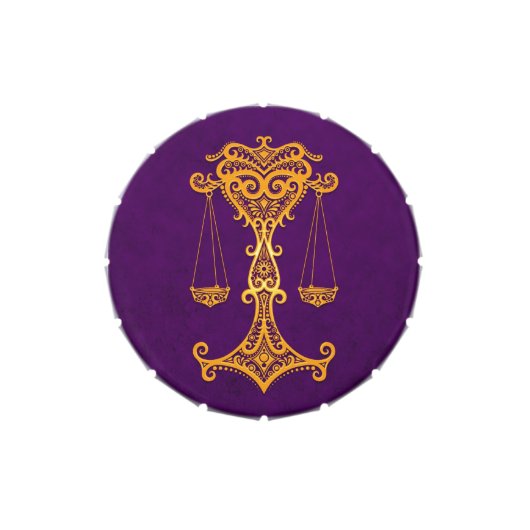 Intricate Yellow Libra Zodiac on Purple Jelly Belly Candy Tin (Top)