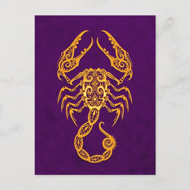 Intricate Yellow Scorpio Zodiac on Purple Postcard (Front)