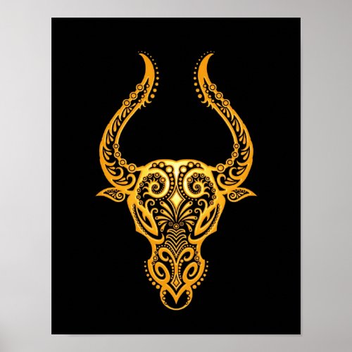 Intricate Yellow Taurus Zodiac on Black Poster