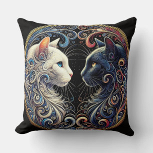 Intricate Yin Yang Cats Artwork Throw Pillow