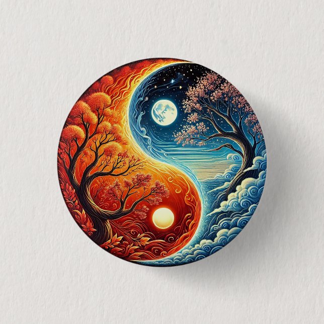 Intricate Yin-Yang Symbol Showcasing Fire, Water Button (Front)